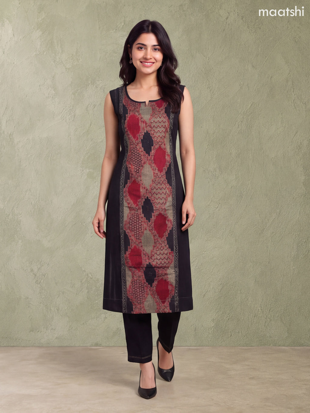 Black and Biege Rayon Printed & Simple Embroidery Work A-Line Kurti Set