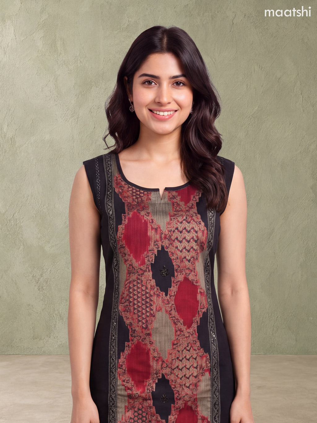 Black and Biege Rayon Printed & Simple Embroidery Work A-Line Kurti Set