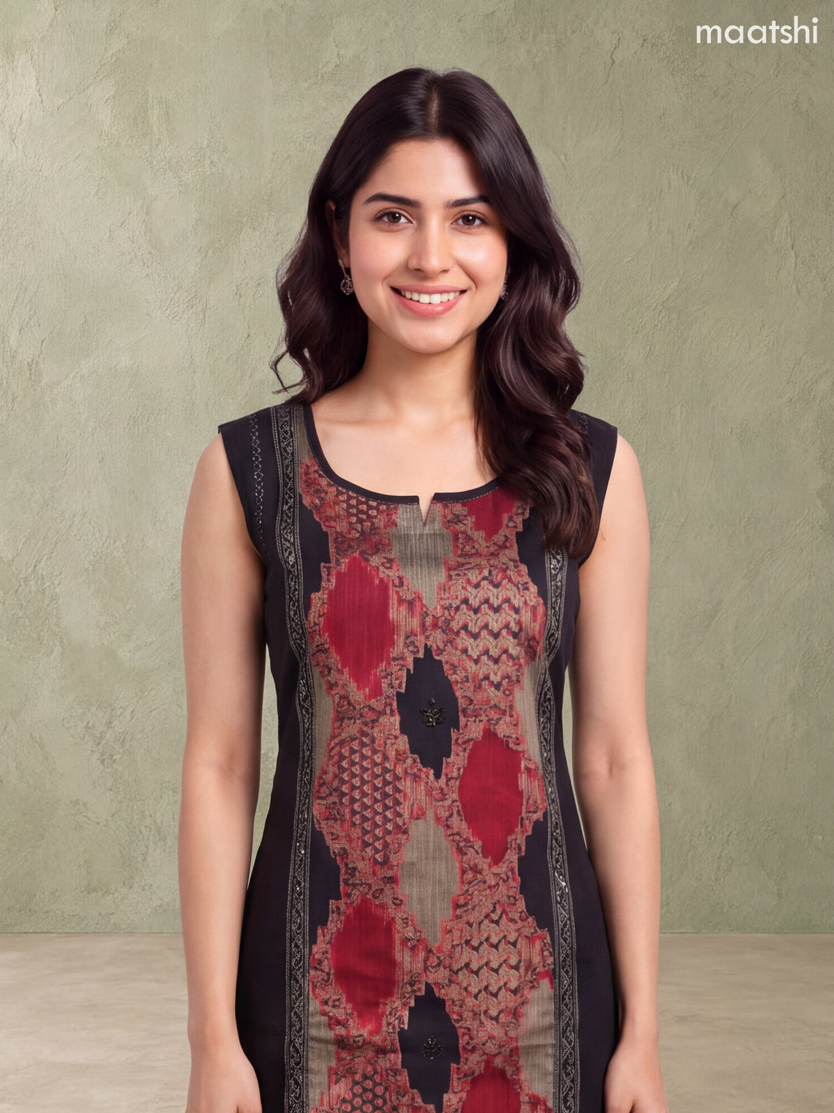 Black and Biege Rayon Printed & Simple Embroidery Work A-Line Kurti Set