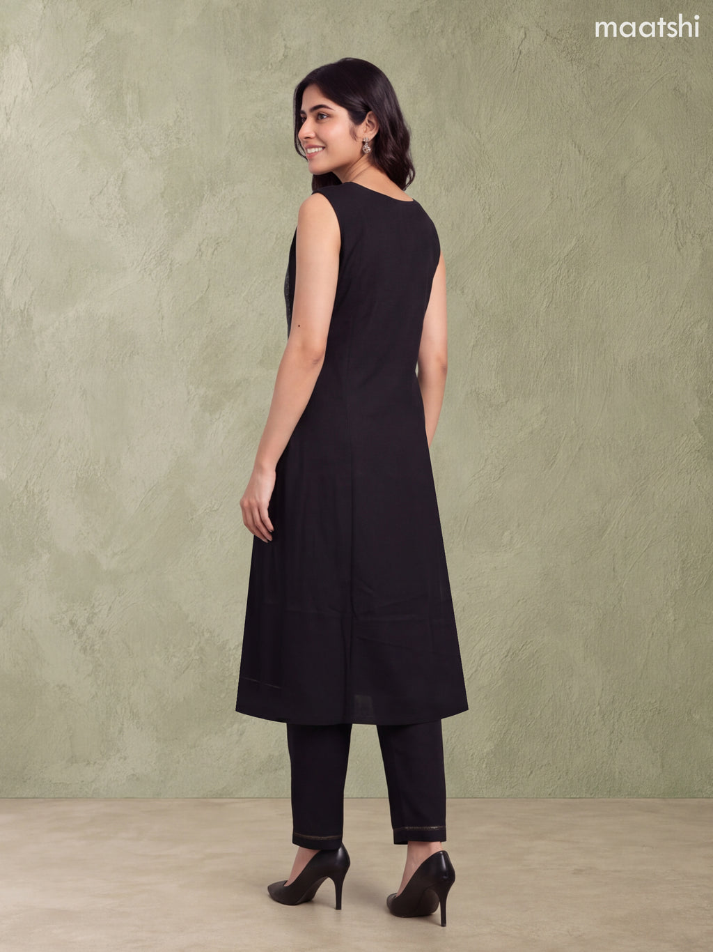 Black and Biege Rayon Printed & Simple Embroidery Work A-Line Kurti Set