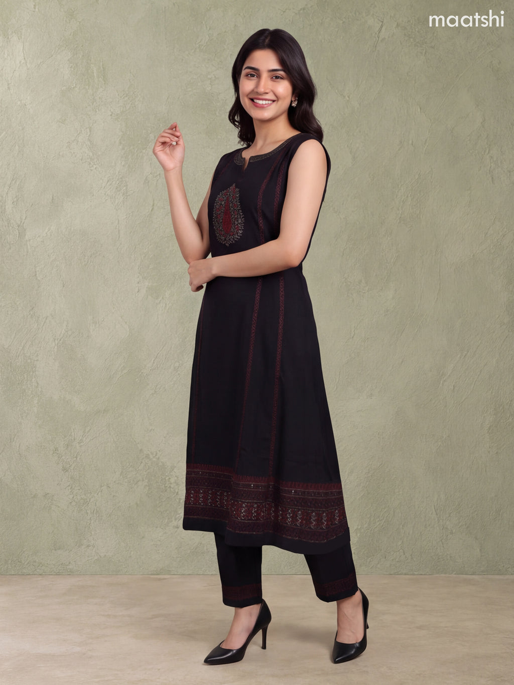 Black and Maroon Rayon Printed & Simple Embroidery Work A-Line Kurti Set