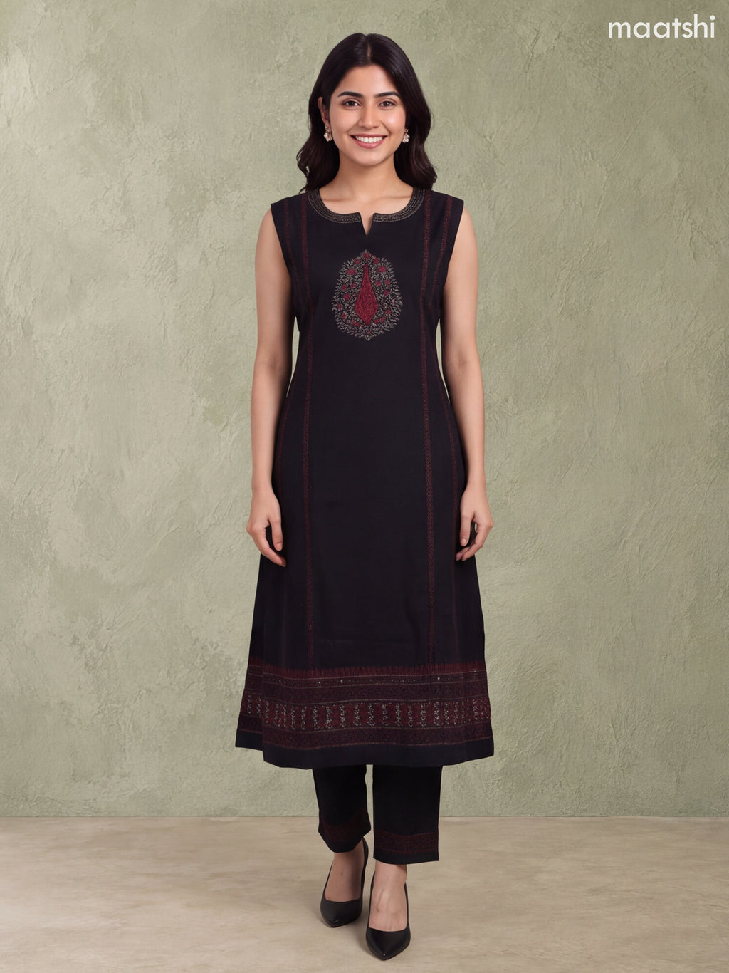 Black and Maroon Rayon Printed & Simple Embroidery Work A-Line Kurti Set