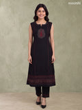 Black and Maroon Rayon Printed & Simple Embroidery Work A-Line Kurti Set