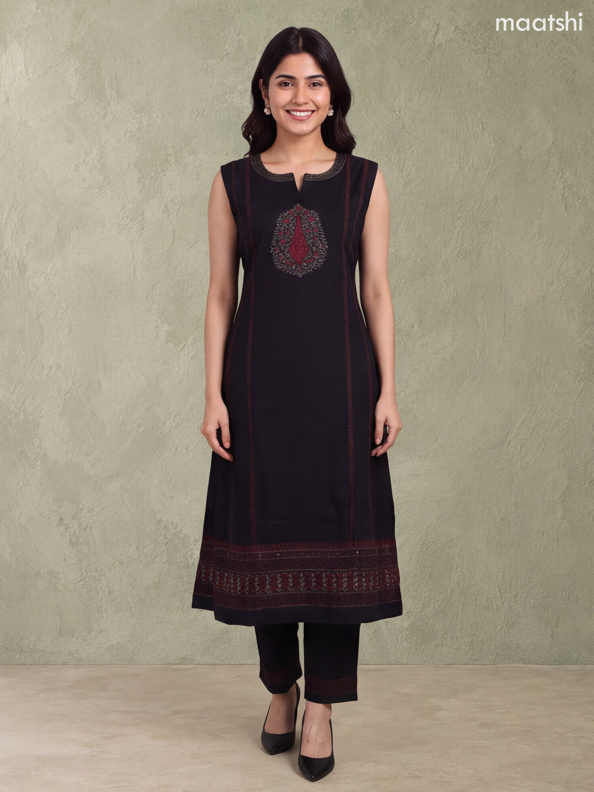 Black and Maroon Rayon Printed & Simple Embroidery Work A-Line Kurti Set