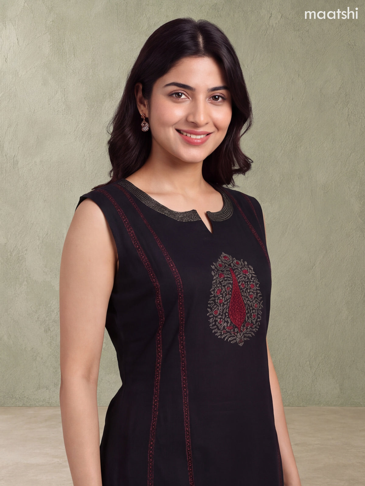 Black and Maroon Rayon Printed & Simple Embroidery Work A-Line Kurti Set