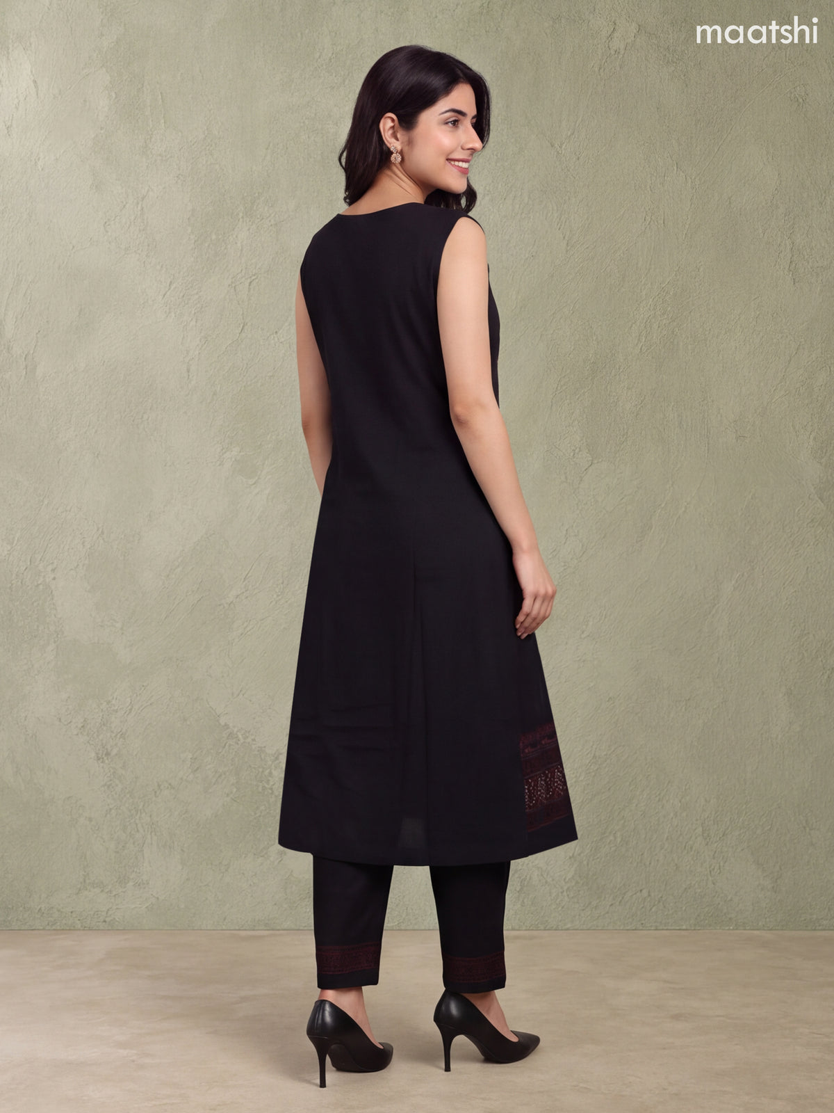 Black and Maroon Rayon Printed & Simple Embroidery Work A-Line Kurti Set