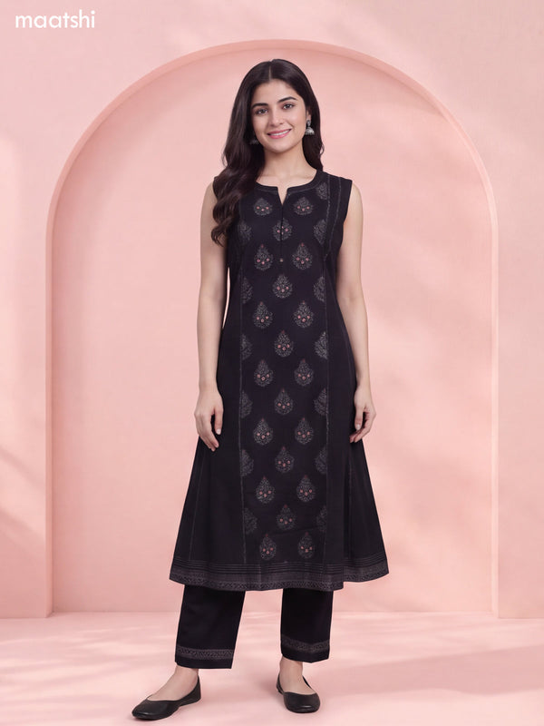 Black Rayon Printed & Simple Embroidery Work Straight Long Kurti Set
