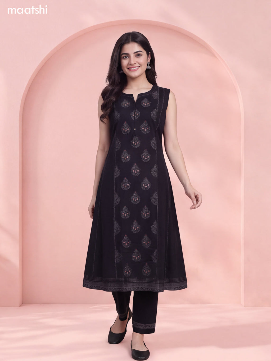 Black Rayon Printed & Simple Embroidery Work Straight Long Kurti Set
