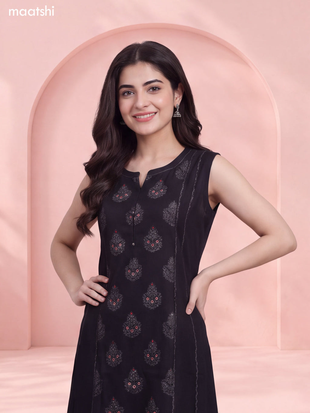 Black Rayon Printed & Simple Embroidery Work Straight Long Kurti Set