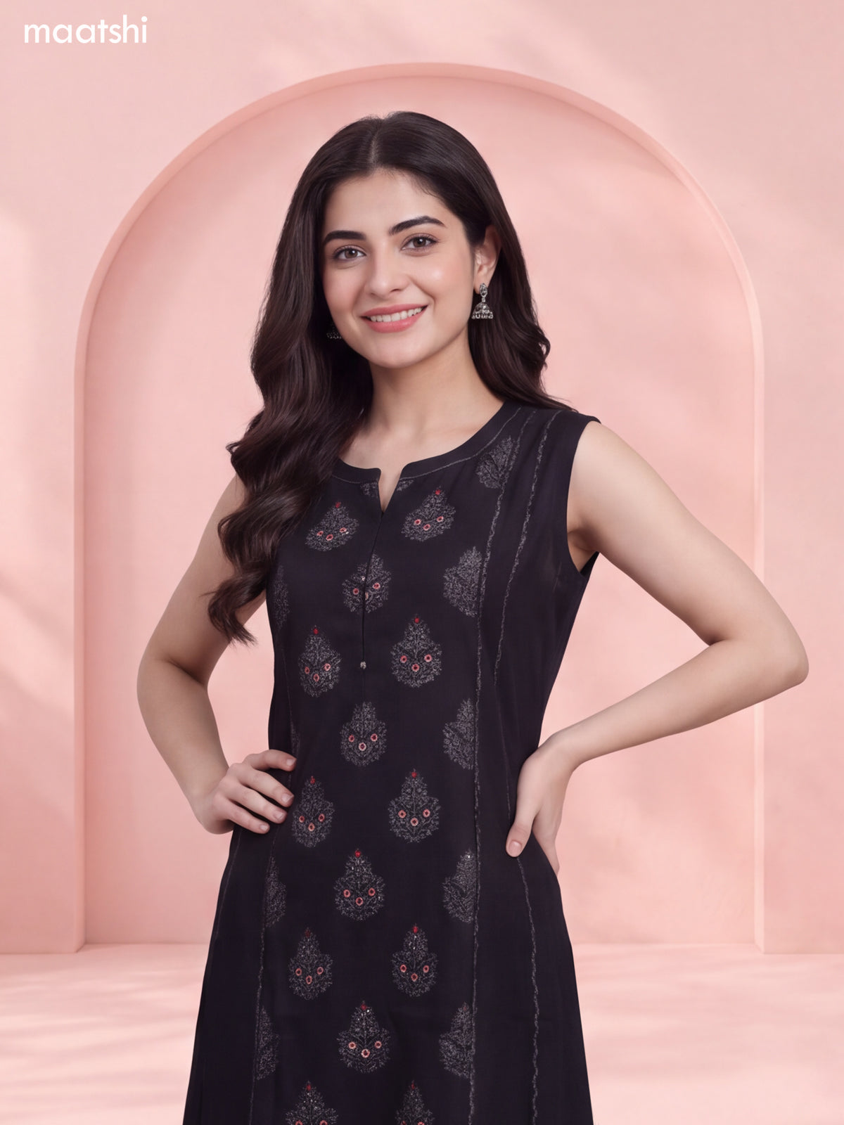 Black Rayon Printed & Simple Embroidery Work Straight Long Kurti Set