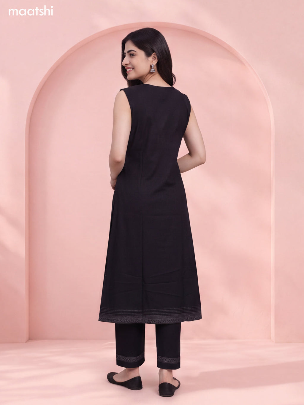 Black Rayon Printed & Simple Embroidery Work Straight Long Kurti Set