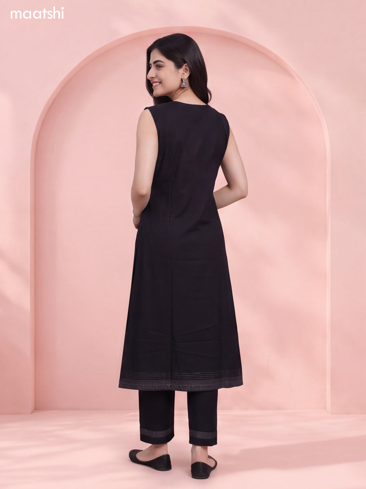 Black Rayon Printed & Simple Embroidery Work Straight Long Kurti Set