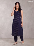 Deep Navy Blue Rayon Printed & Simple Embroidery Work A-Line Kurti Set