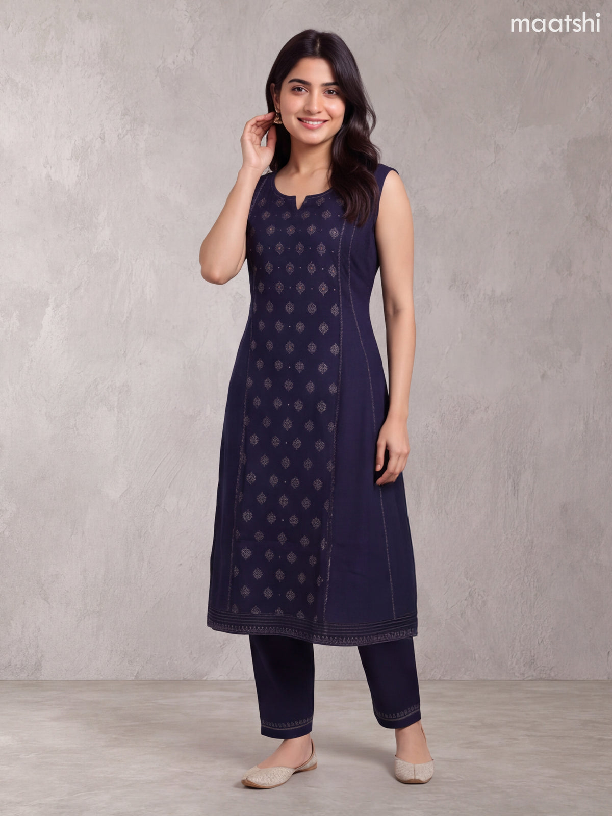Deep Navy Blue Rayon Printed & Simple Embroidery Work A-Line Kurti Set
