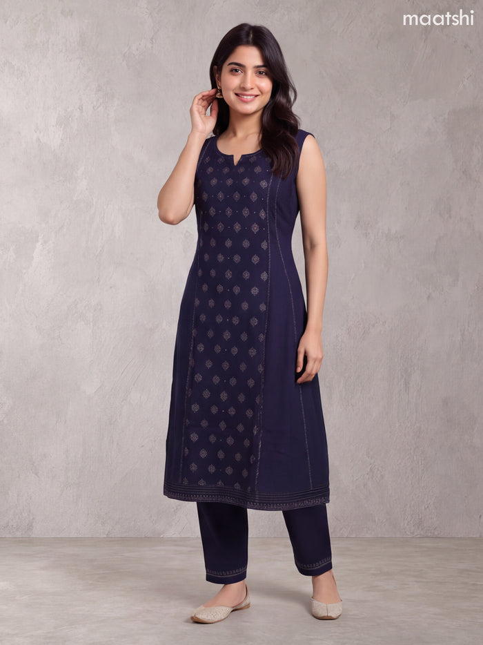 Deep Navy Blue Rayon Printed & Simple Embroidery Work A-Line Kurti Set