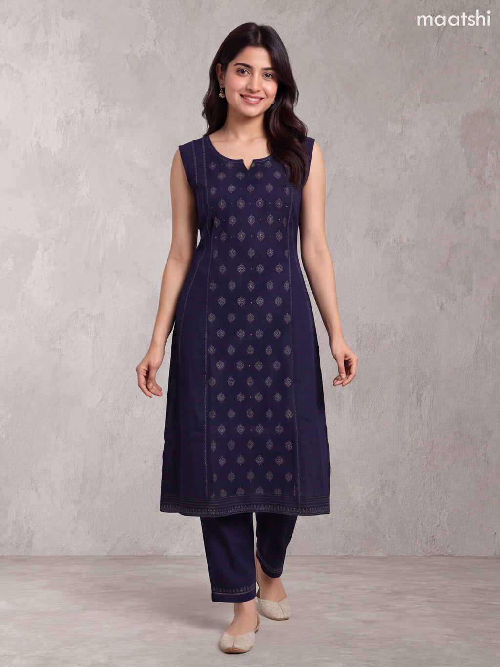 Deep Navy Blue Rayon Printed & Simple Embroidery Work A-Line Kurti Set