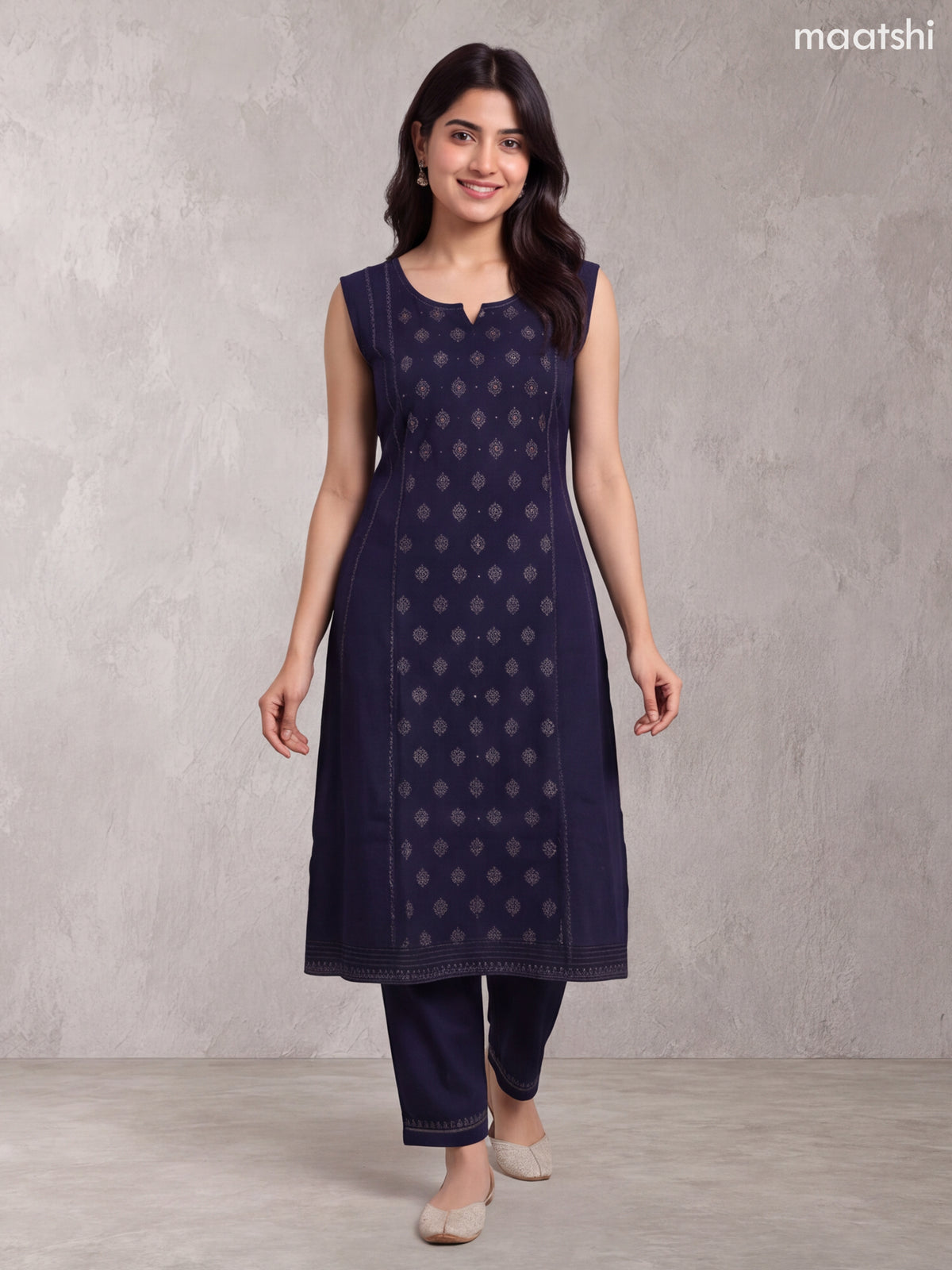 Deep Navy Blue Rayon Printed & Simple Embroidery Work A-Line Kurti Set