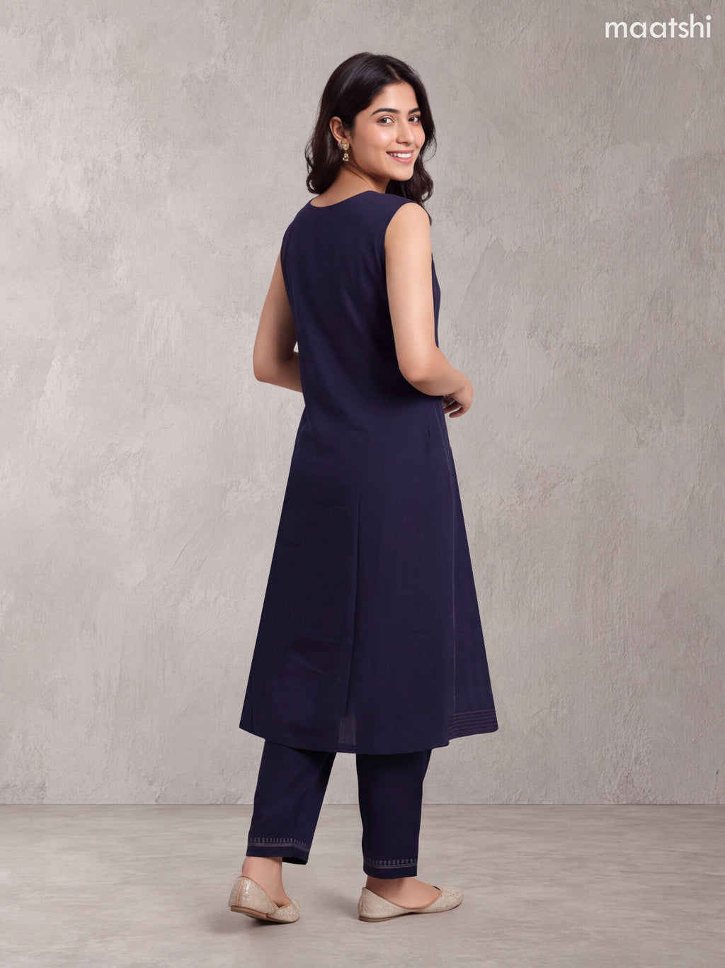 Deep Navy Blue Rayon Printed & Simple Embroidery Work A-Line Kurti Set