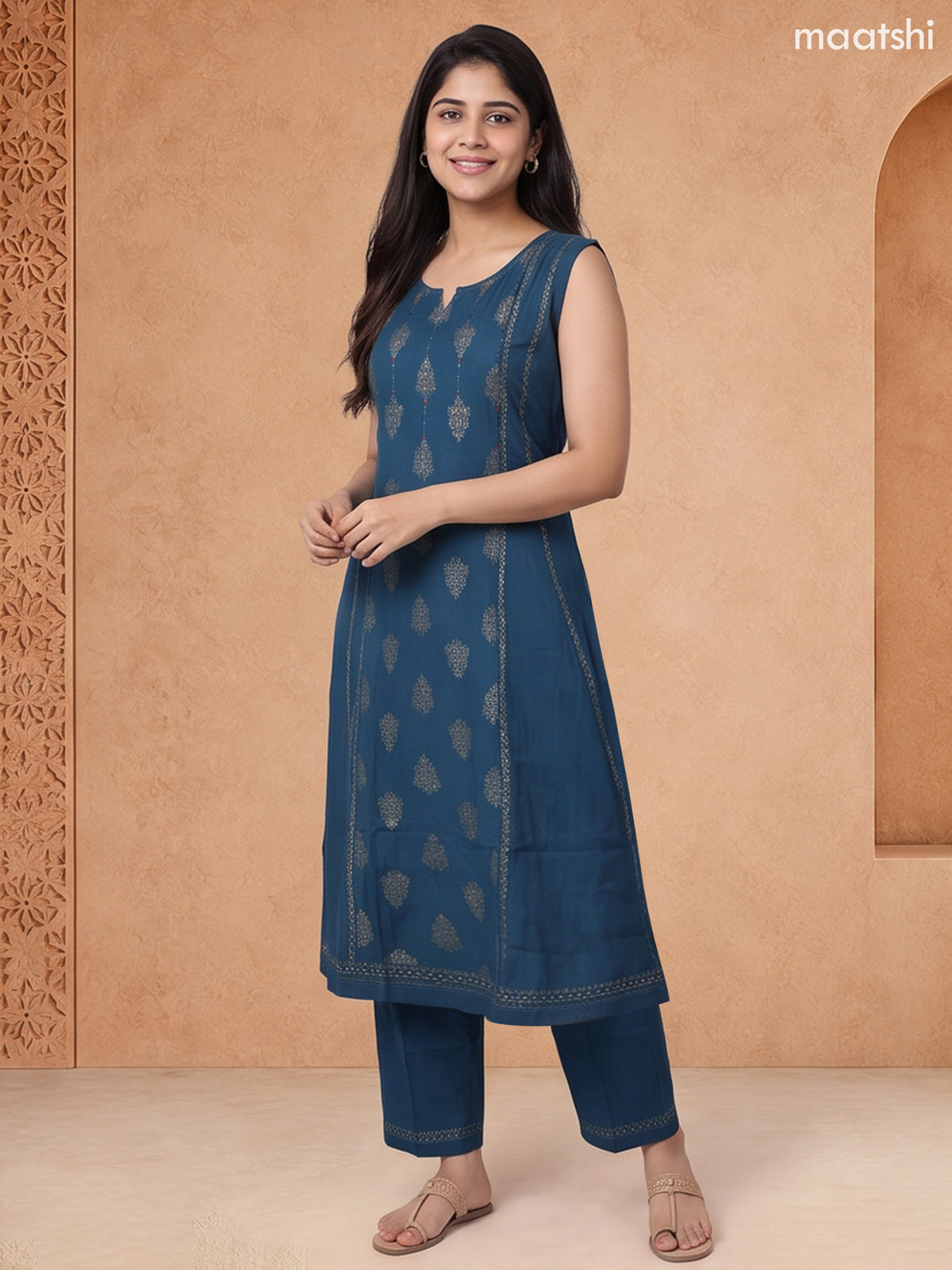 Peacock Blue Rayon Printed & Embroidery Work A-Line Kurti Set