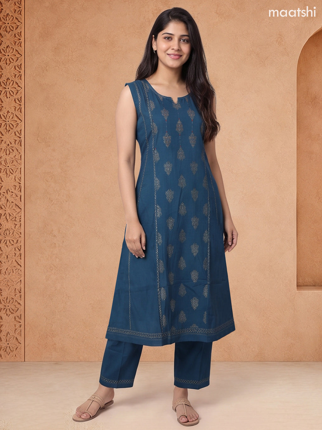 Peacock Blue Rayon Printed & Embroidery Work A-Line Kurti Set