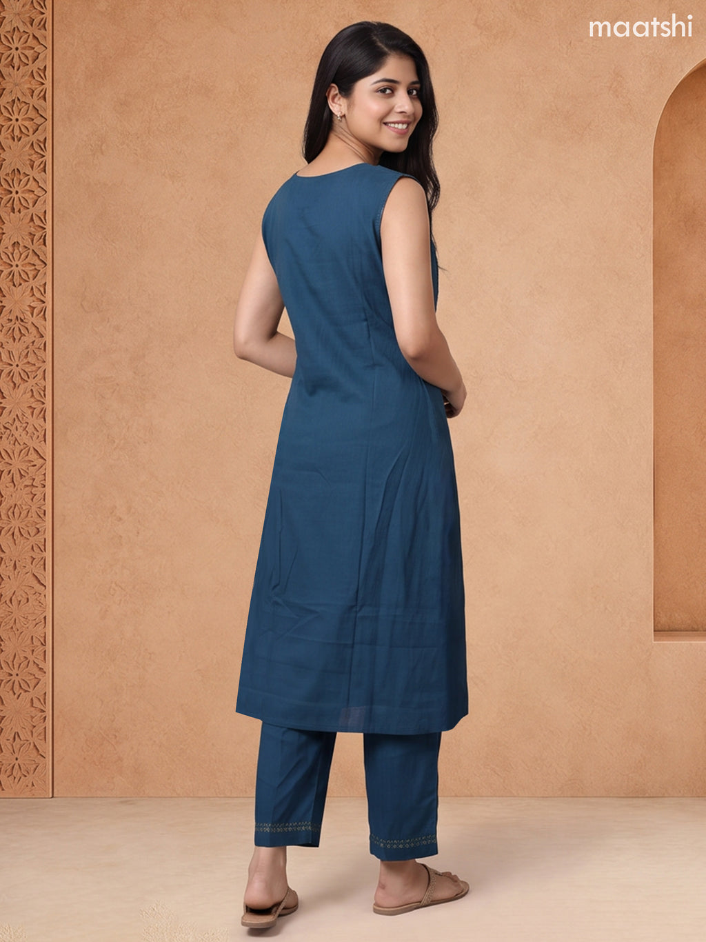 Peacock Blue Rayon Printed & Embroidery Work A-Line Kurti Set