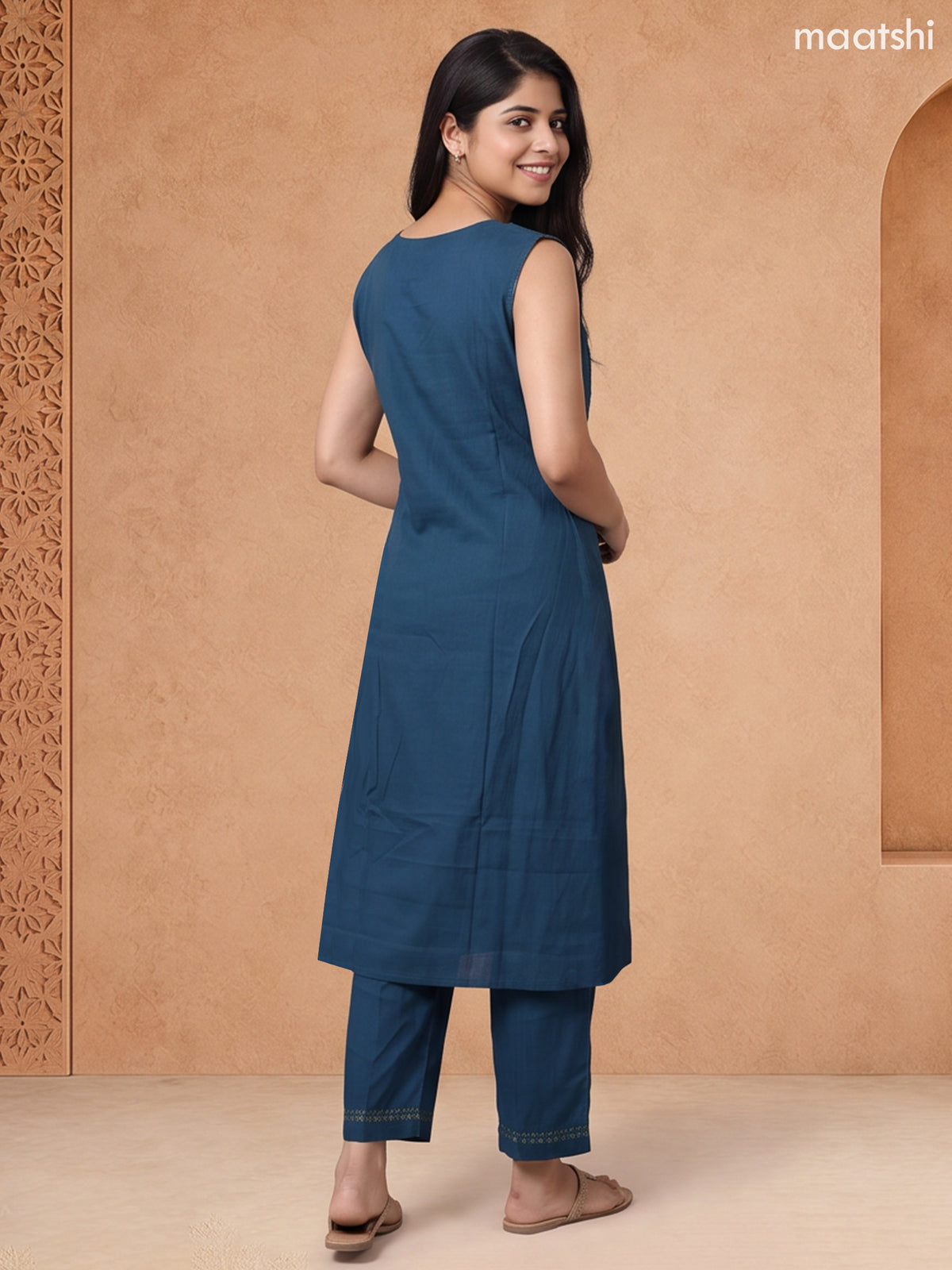 Peacock Blue Rayon Printed & Embroidery Work A-Line Kurti Set