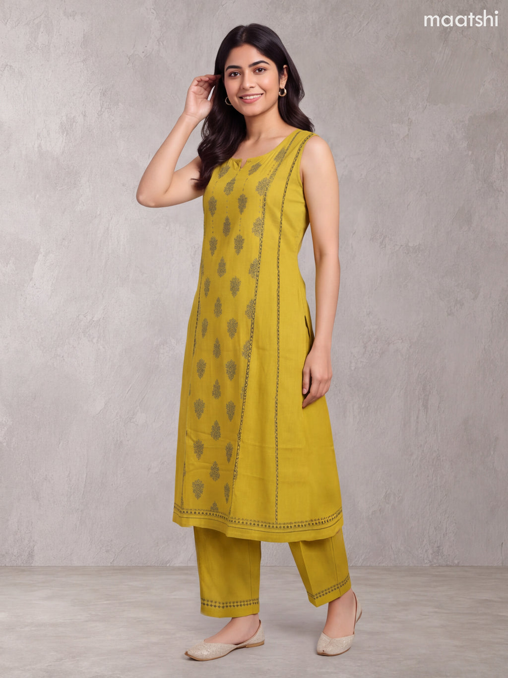 Mustard Yellow Rayon Printed & Embroidery Work A-Line Kurti Set