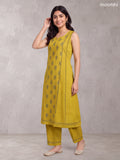 Mustard Yellow Rayon Printed & Embroidery Work A-Line Kurti Set
