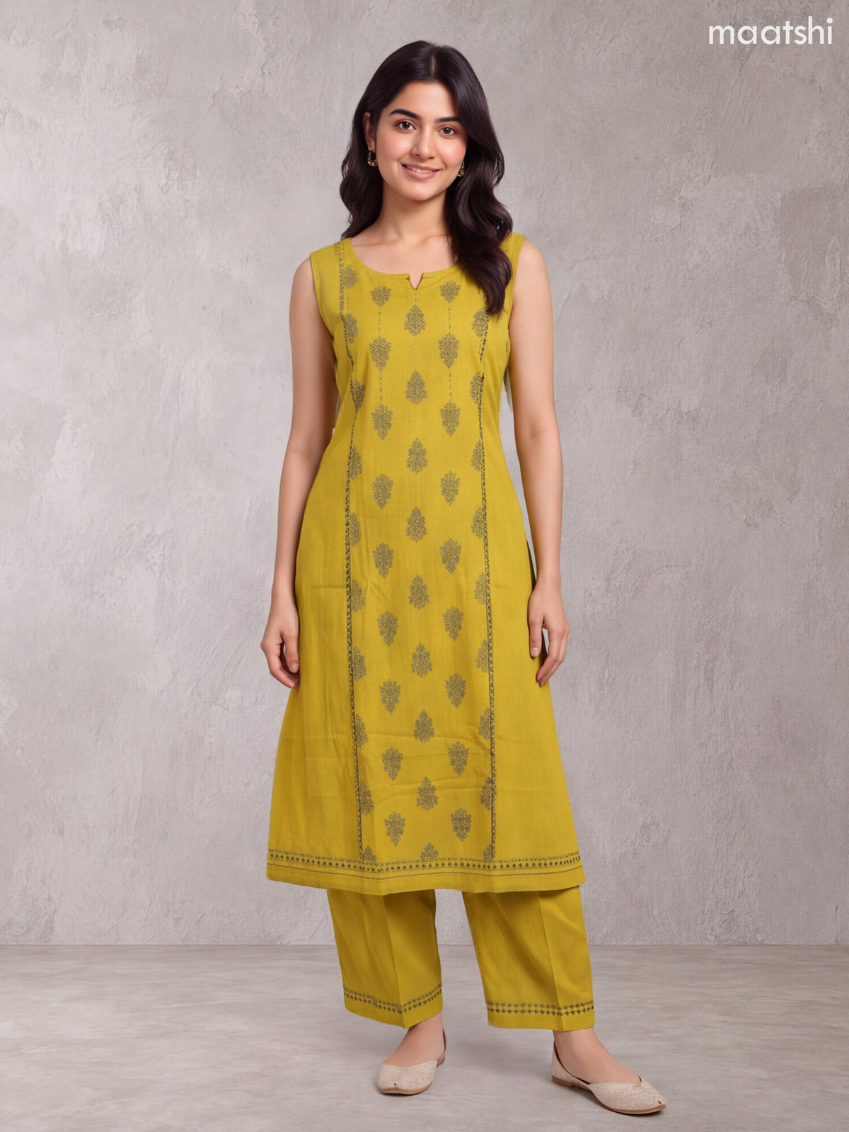 Mustard Yellow Rayon Printed & Embroidery Work A-Line Kurti Set