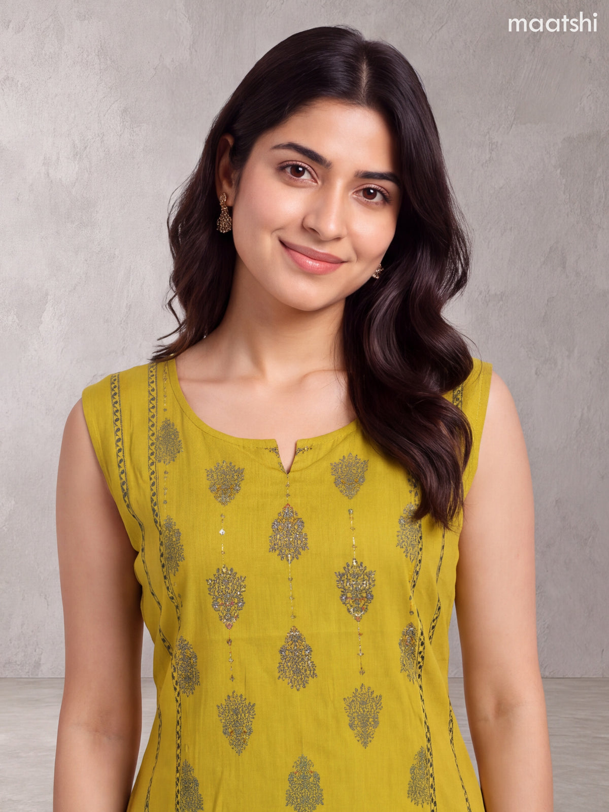 Mustard Yellow Rayon Printed & Embroidery Work A-Line Kurti Set