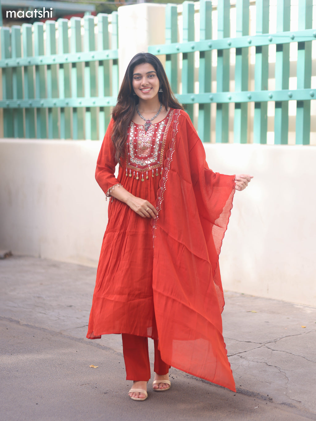 Rustic Orange Mul Chanderi Embroidery Work Anarkali Suit
