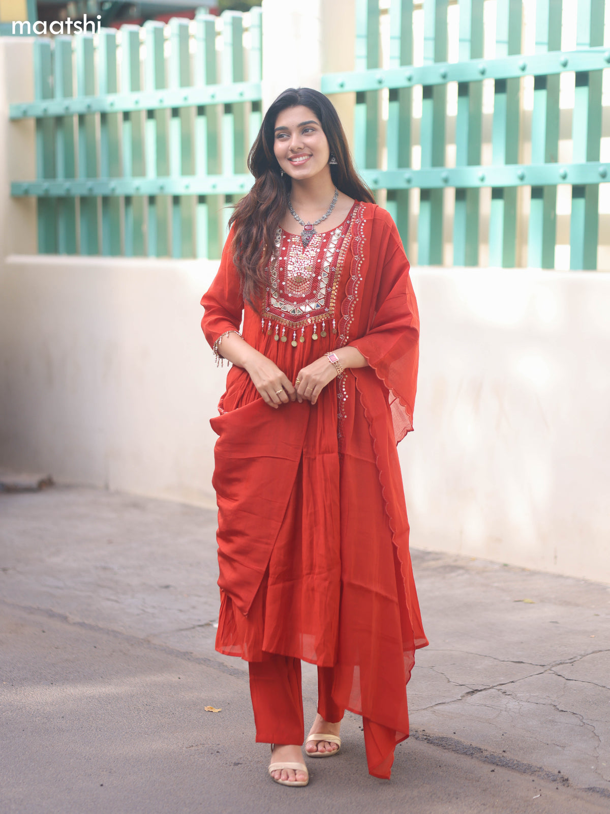 Rustic Orange Mul Chanderi Embroidery Work Anarkali Suit
