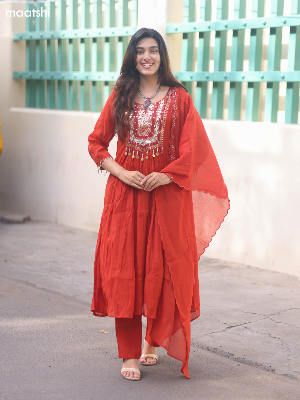 Rustic Orange Mul Chanderi Embroidery Work Anarkali Suit