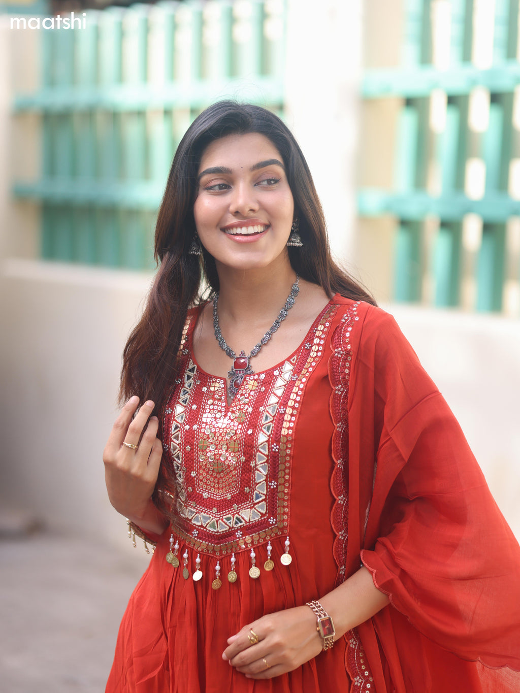 Rustic Orange Mul Chanderi Embroidery Work Anarkali Suit