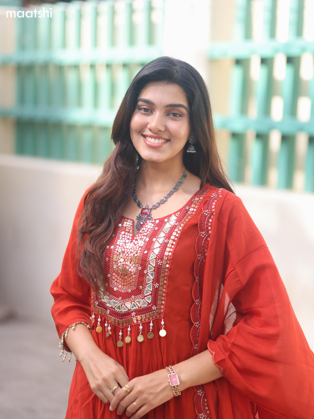 Rustic Orange Mul Chanderi Embroidery Work Anarkali Suit