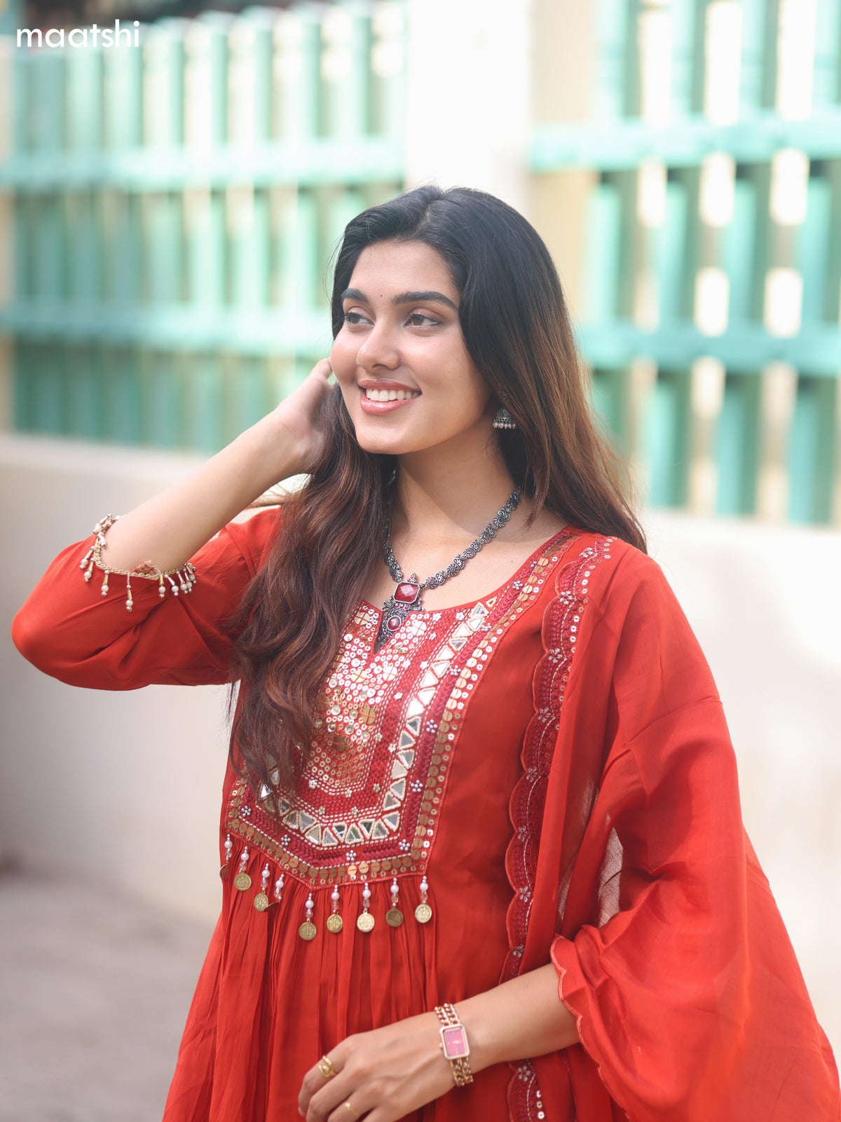Rustic Orange Mul Chanderi Embroidery Work Anarkali Suit