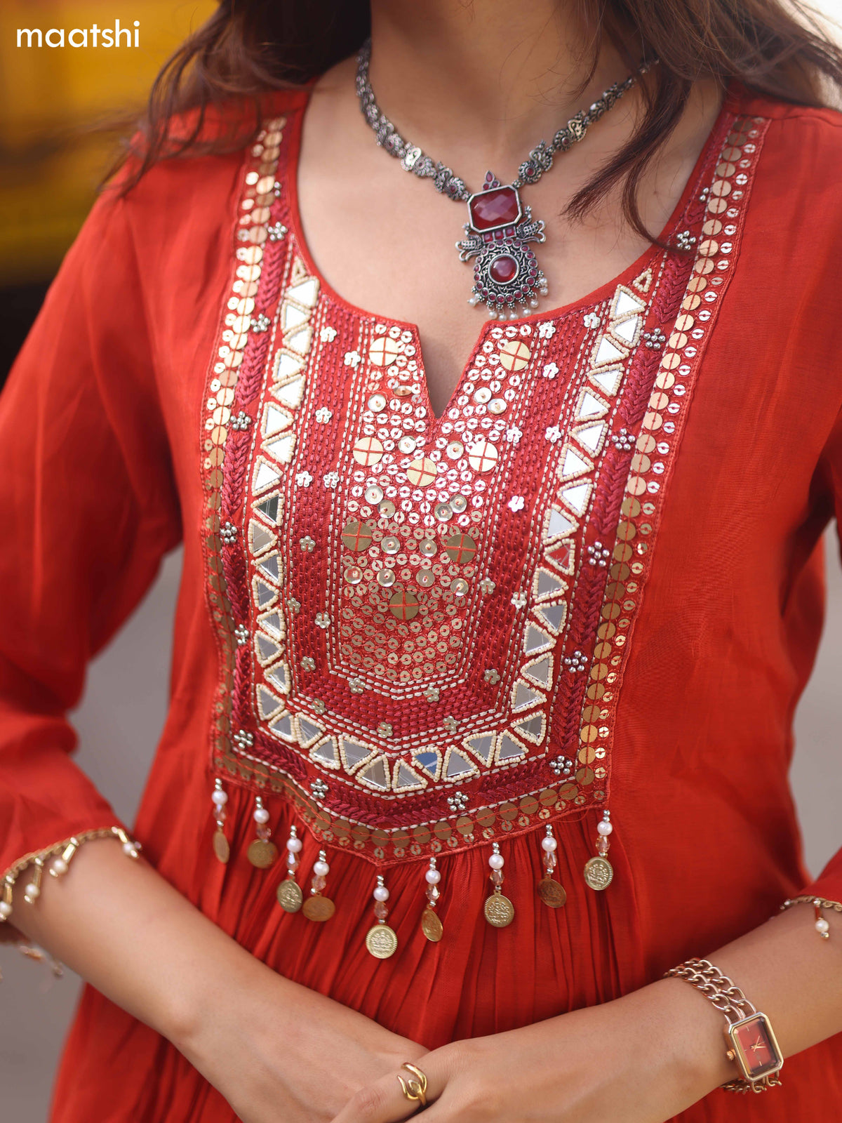 Rustic Orange Mul Chanderi Embroidery Work Anarkali Suit
