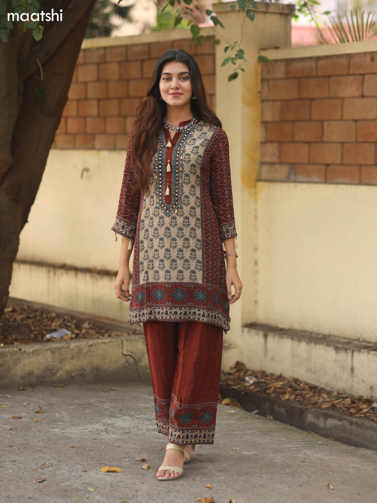 Brown and Beige Crepe Silk Printed Co-Ord Set
