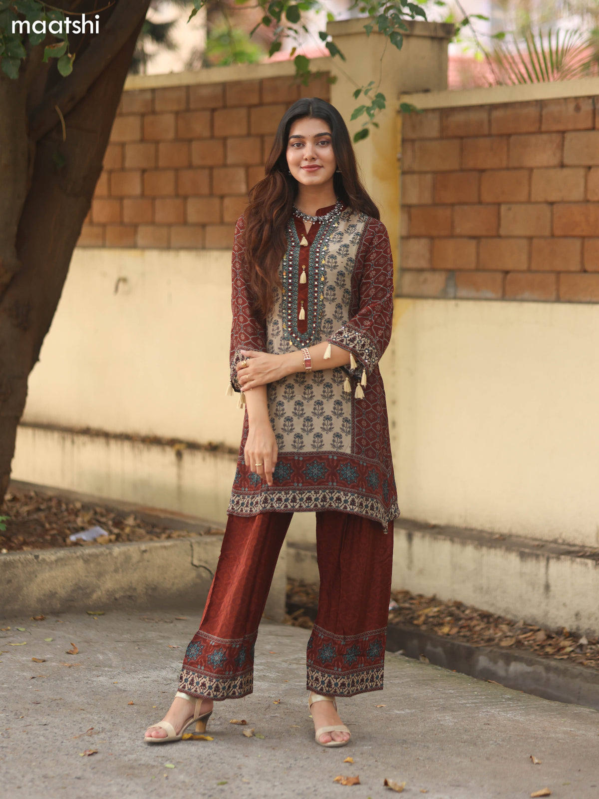 Brown and Beige Crepe Silk Printed Co-Ord Set