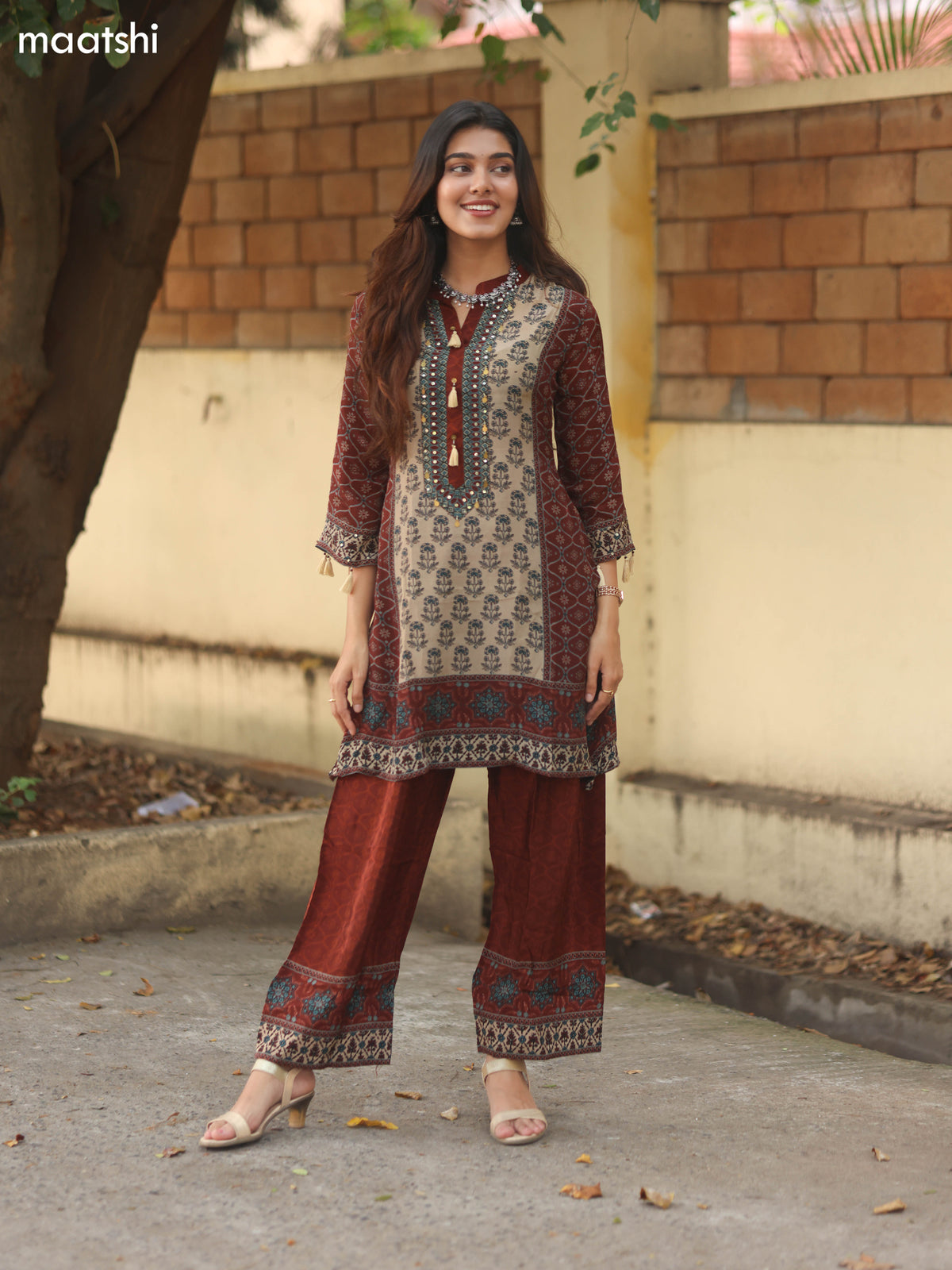 Brown and Beige Crepe Silk Printed Co-Ord Set