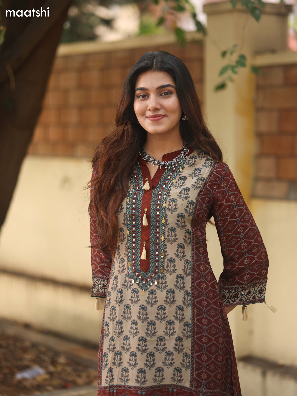 Brown and Beige Crepe Silk Printed Co-Ord Set