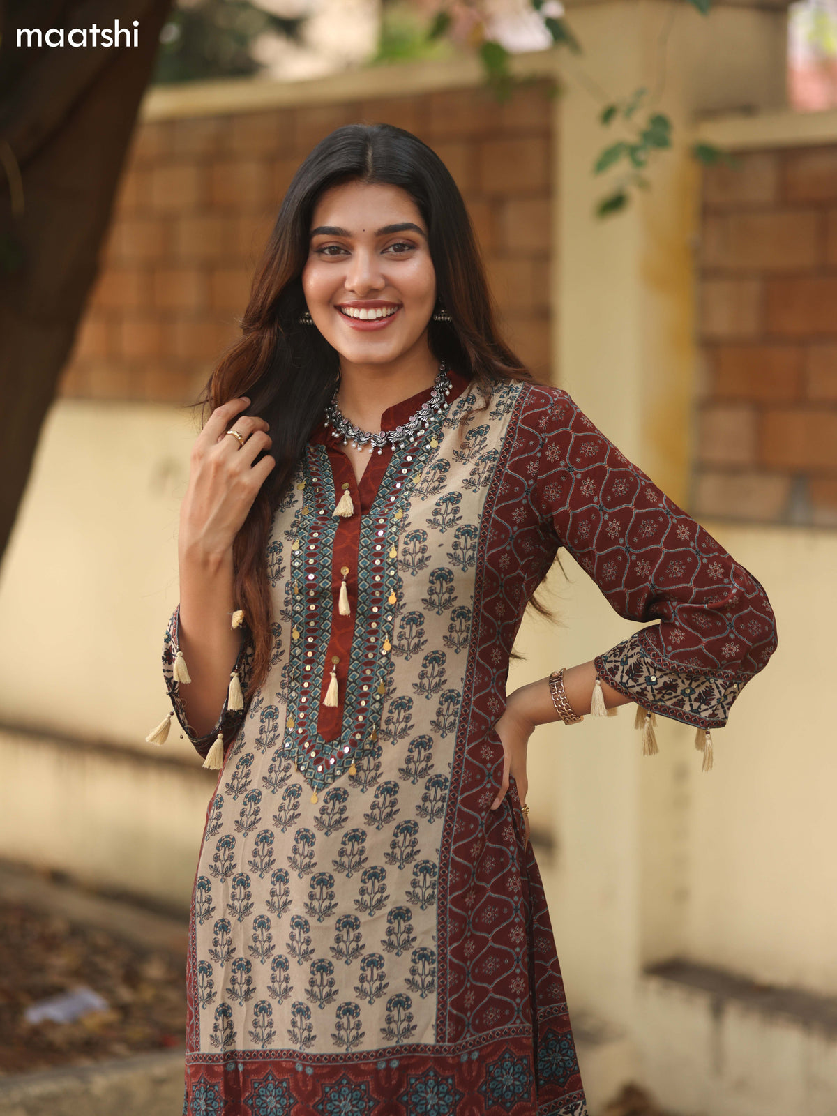 Brown and Beige Crepe Silk Printed Co-Ord Set