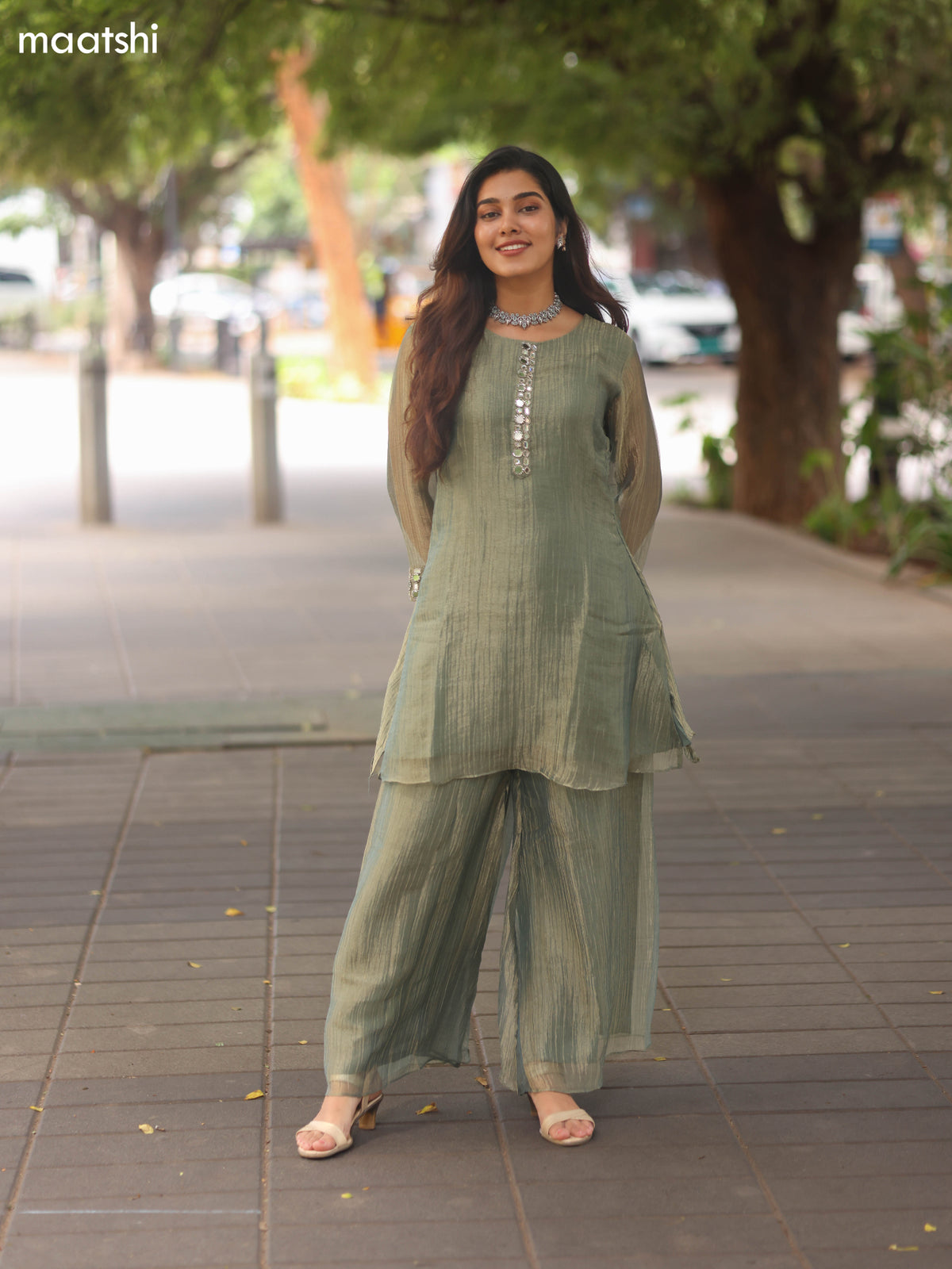 Elaichi Green Tissue Embroidery Work Kurti Set