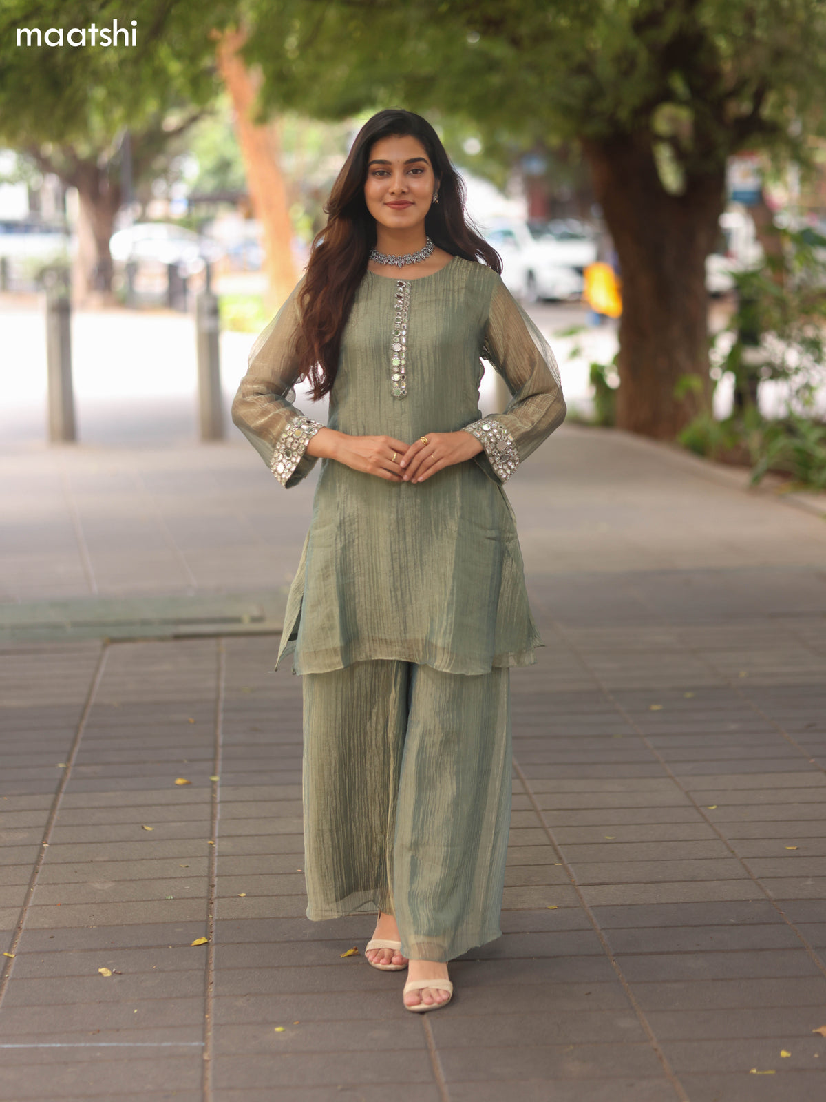 Elaichi Green Tissue Embroidery Work Kurti Set