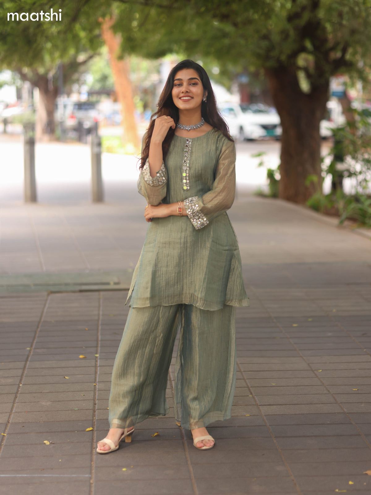 Elaichi Green Tissue Embroidery Work Kurti Set