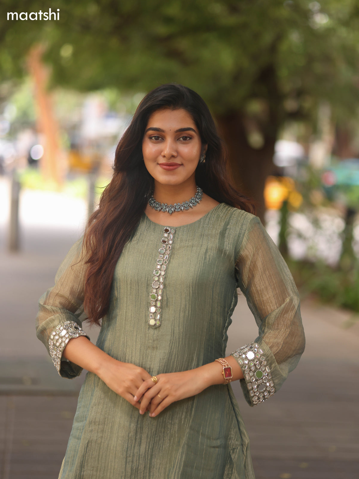Elaichi Green Tissue Embroidery Work Kurti Set