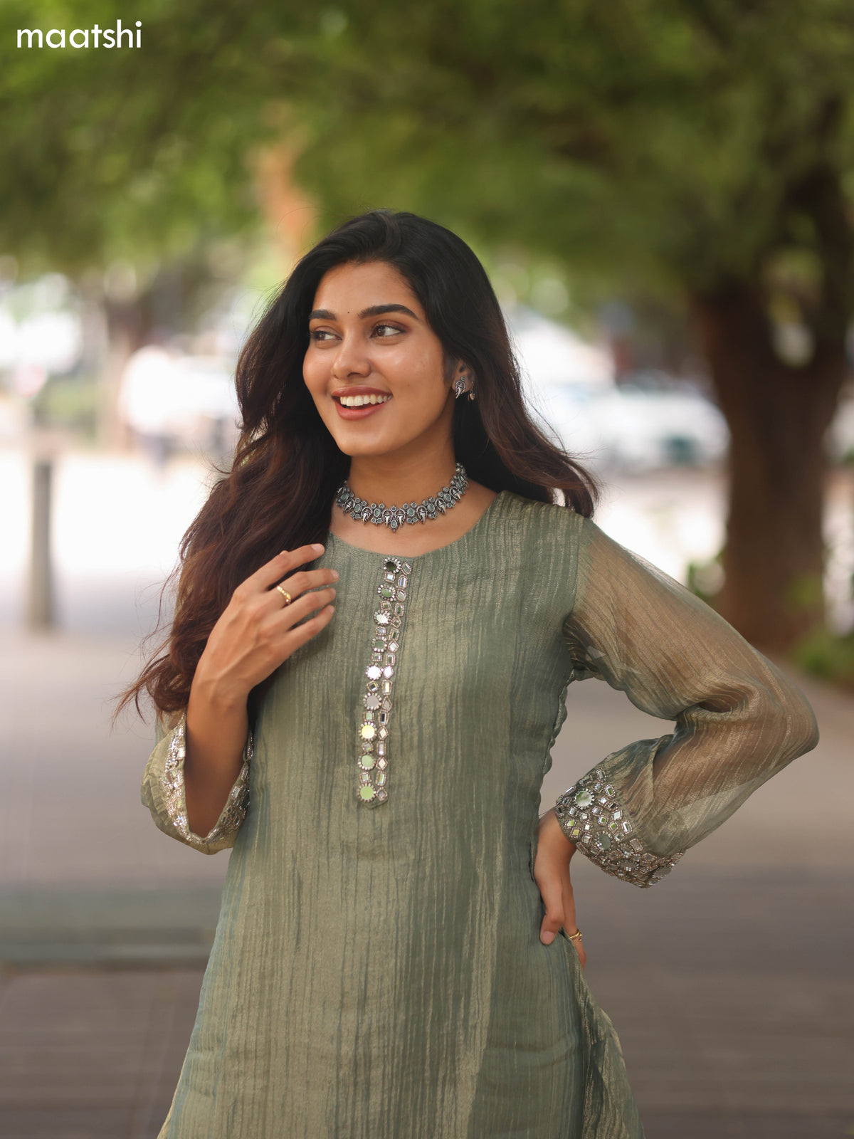 Elaichi Green Tissue Embroidery Work Kurti Set