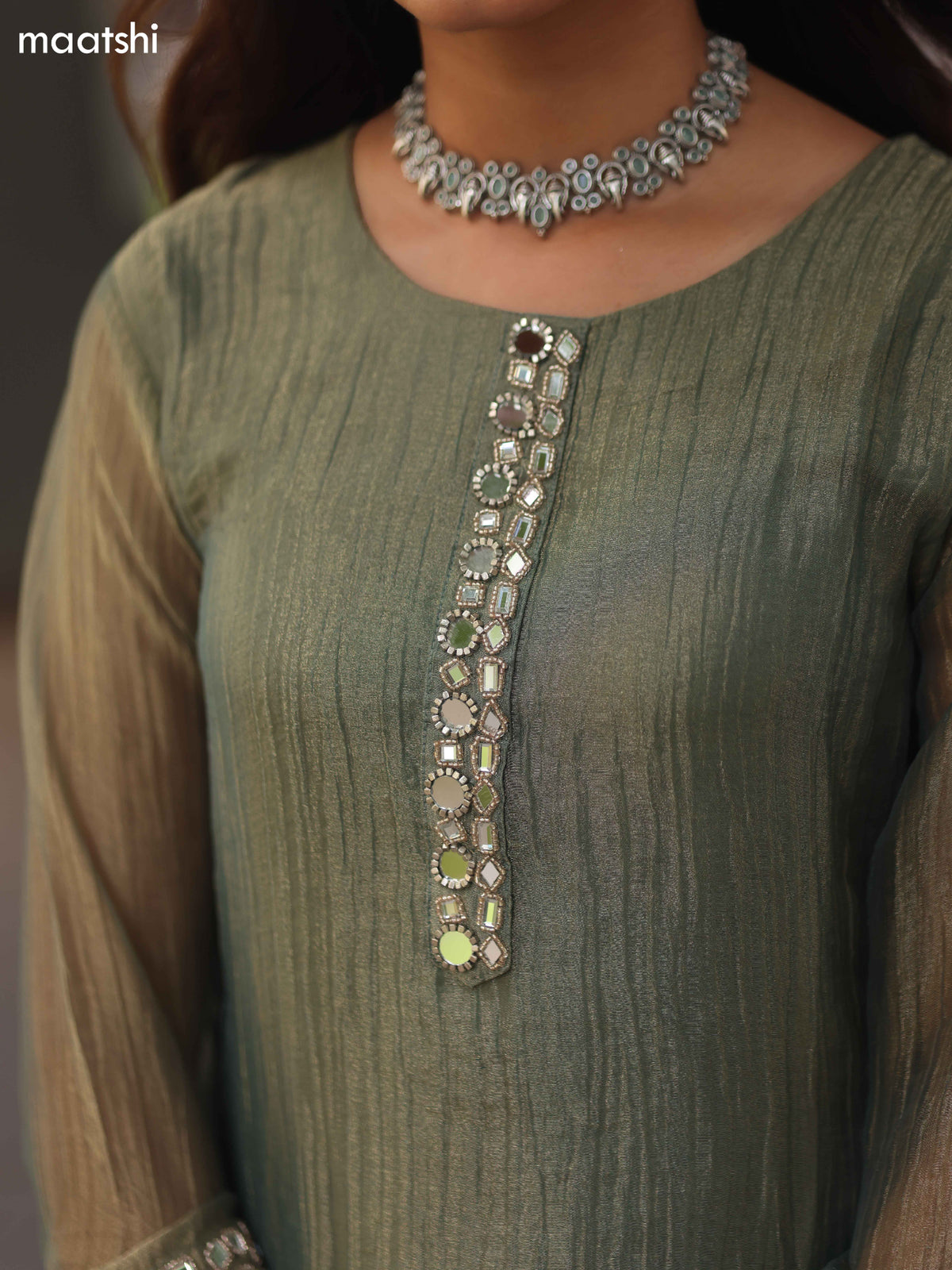 Elaichi Green Tissue Embroidery Work Kurti Set