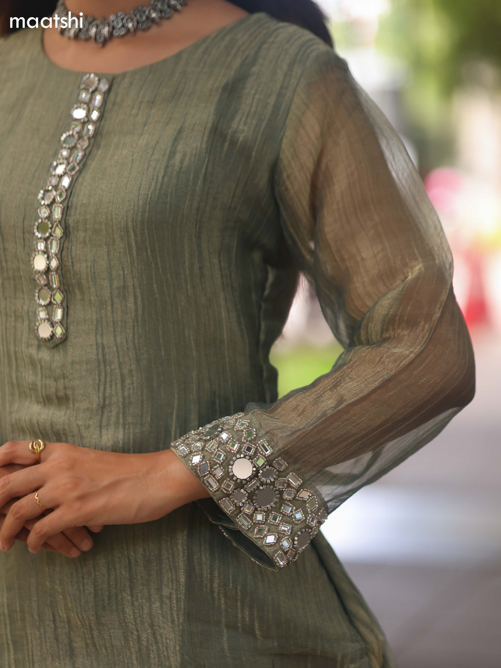Elaichi Green Tissue Embroidery Work Kurti Set