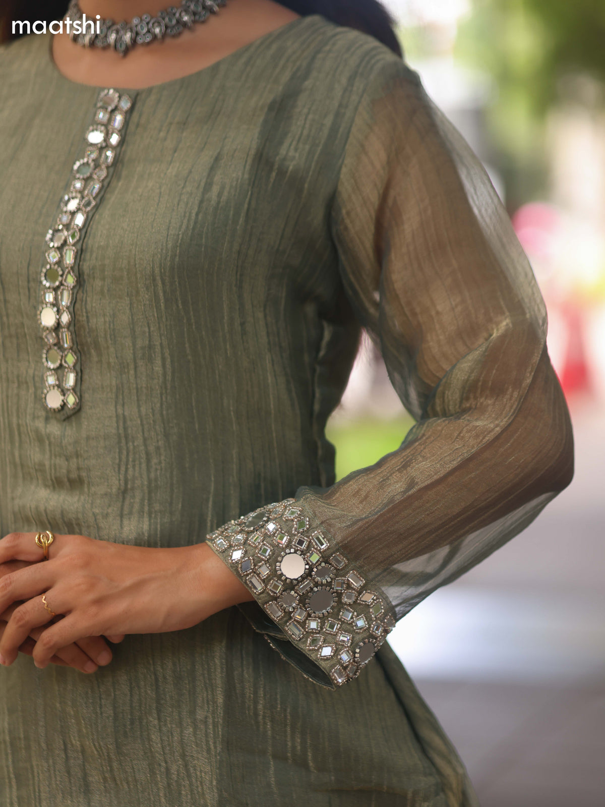 Elaichi Green Tissue Embroidery Work Kurti Set